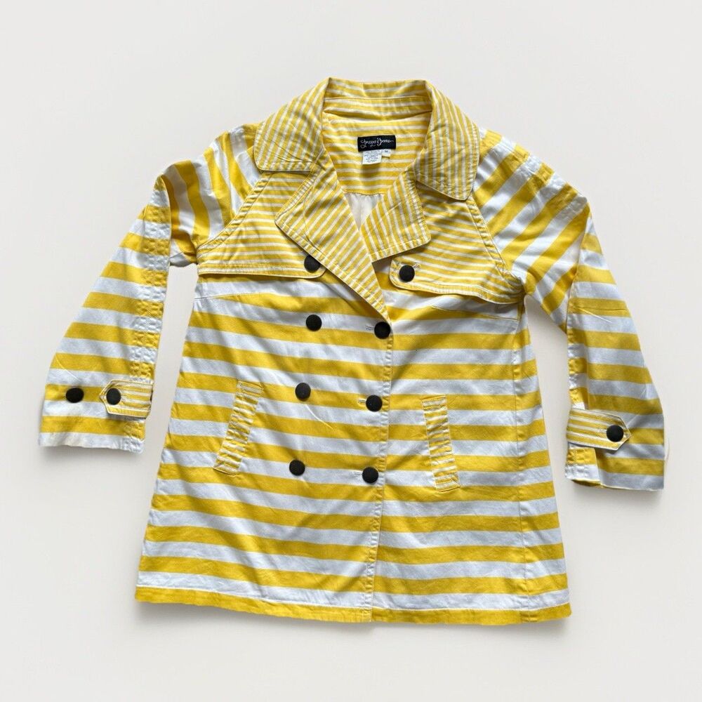 Prosper & Devine Yellow White Striped Trench Coat Jacket Mod Joyful Dopamine M